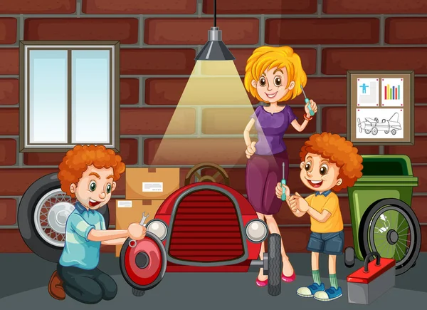 Garage Scene Met Kinderen Vaststelling Van Een Auto Samen Illustratie — Stockvector