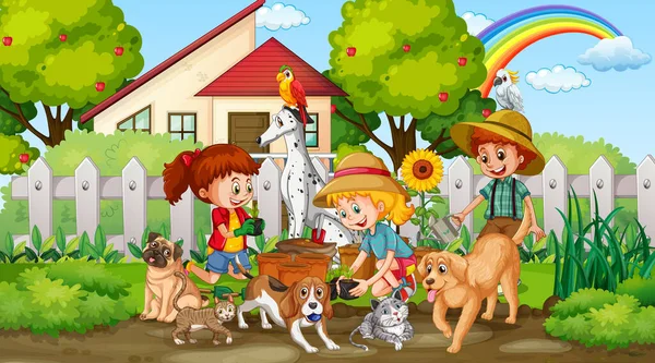Cena Parque Com Crianças Brincando Com Seus Animais Ilustração —  Vetores de Stock