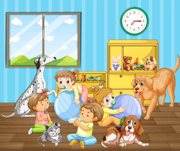 Room Scene Babies Playing Dogs Illustration — Stockvektor