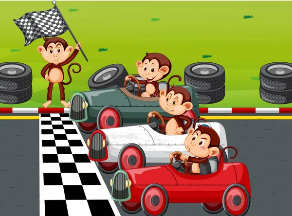 Závodní Trať Scéna Opice Závodní Řidiči Ilustrace — Stockový vektor