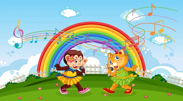 Monkey Cat Performance Singing Wuth Rainbow Melody Symbols Illustration — Stockvector