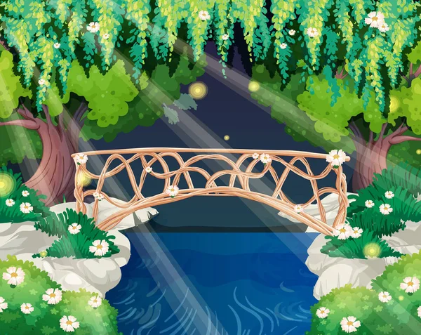 Okouzlující Zahradní Scéna Kamenným Mostem Ilustrace — Stockový vektor