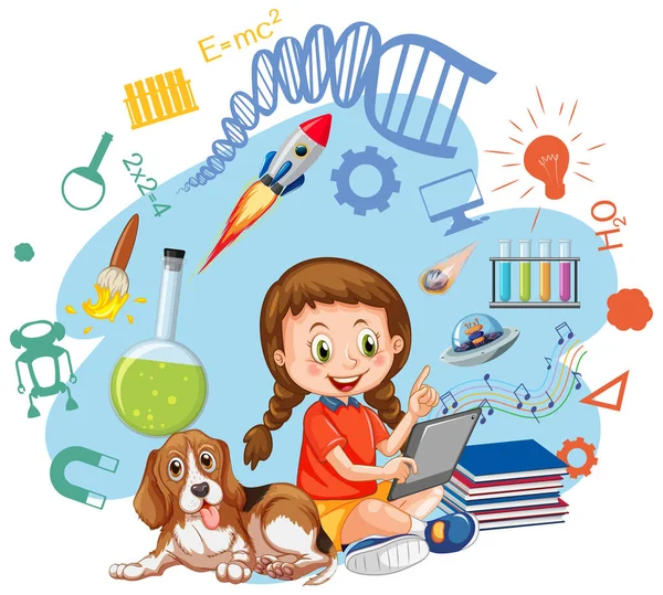 Young Girl Using Tablet Education Objects Illustration – stockvektor