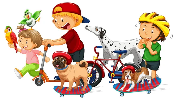 Niños Con Sus Perros Gatos Sobre Fondo Blanco Ilustración — Vector de stock