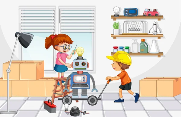 Niños Fijando Robot Juntos Ilustración Fondo Blanco — Archivo Imágenes Vectoriales
