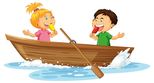 Couple Kids Wooden Boat Illustration — Vetor de Stock