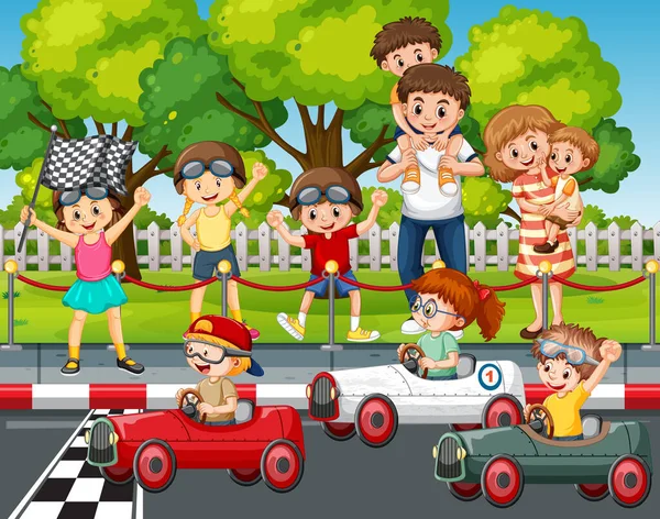 Scène Extérieure Avec Des Enfants Voiture Course Illustration — Image vectorielle