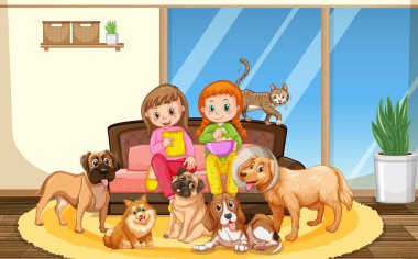 Oturma odasında bir sürü köpeği olan iki kız.
