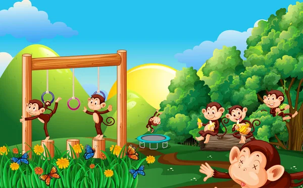 Scena Leśna Zabawnymi Małpami Ilustracja Kreskówki — Wektor stockowy
