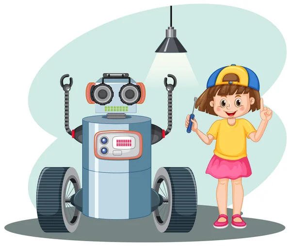 Młoda Dziewczyna Naprawianie Ilustracji Robota — Wektor stockowy