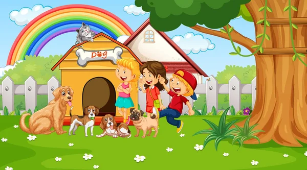 Park Scene Met Kinderen Spelen Met Hun Honden Illustratie — Stockvector