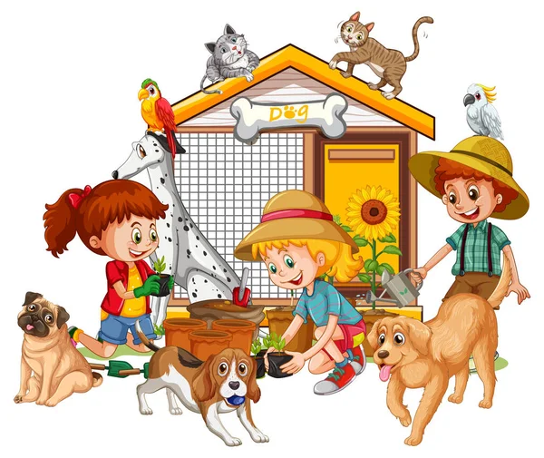 Crianças Felizes Plantas Jardinagem Com Seus Cães Ilustração — Vetor de Stock