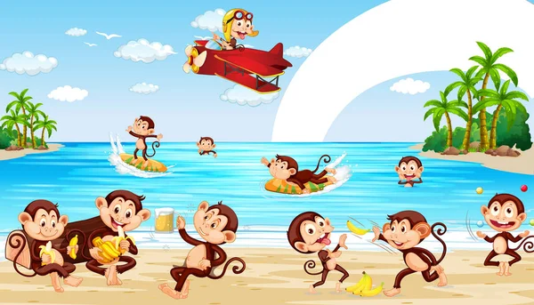 Escena Playa Con Pequeños Monos Haciendo Diferentes Actividades Ilustración — Vector de stock