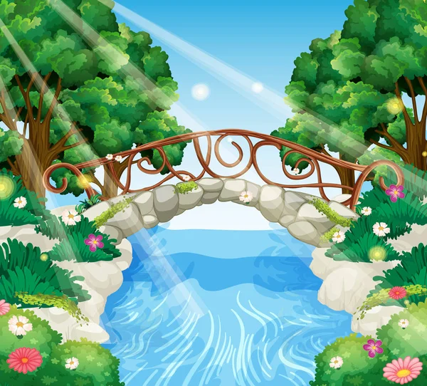 Jardín Encantado Con Ilustración Puente Piedra — Vector de stock