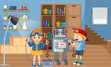 Çocuklar odada bir robotu tamir ediyorlar.