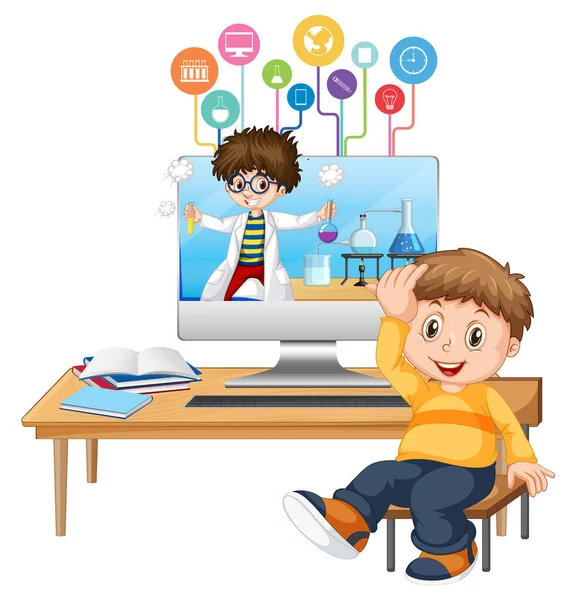 Young Boy Studying Front Computer Illustration — Stock Vector