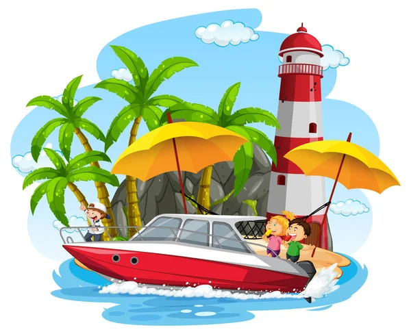 Lighthouse Island Children Motorboat Illustration — Stock Vector