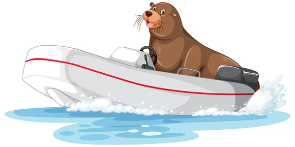 Zeeleeuw Motorboot Cartoon Stijl Illustratie — Stockvector