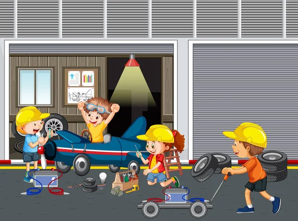 Garaj Illüstrasyonunda Çocuklar Birlikte Araba Tamir Ediyorlar — Stok Vektör