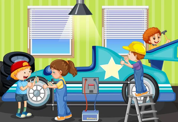 Scene Children Repairing Car Together Illustration —  Vetores de Stock