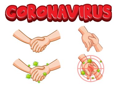 Virüslü Coronavirus yazı tipi tasarımı beyaz arkaplanda el sıkışmaktan yayılıyor