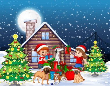 Noel temalı resimde çocuklar ve köpeklerle yağan kar sahnesi