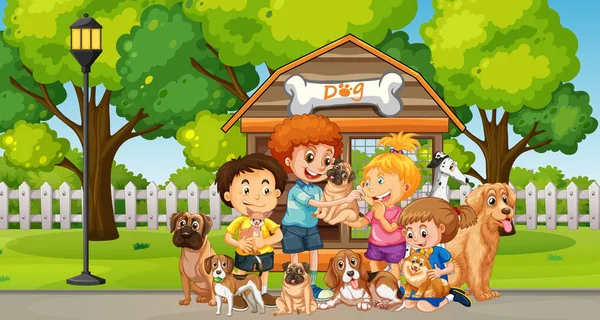 動物のイラストで遊ぶ子供たちと公園のシーン — ストックベクタ