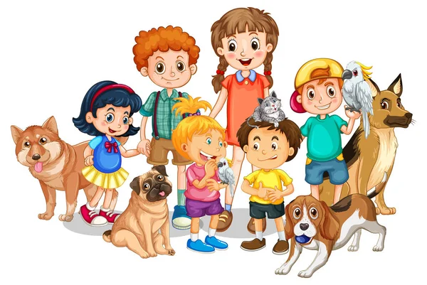 Niños Con Sus Perros Sobre Fondo Blanco Ilustración — Archivo Imágenes Vectoriales