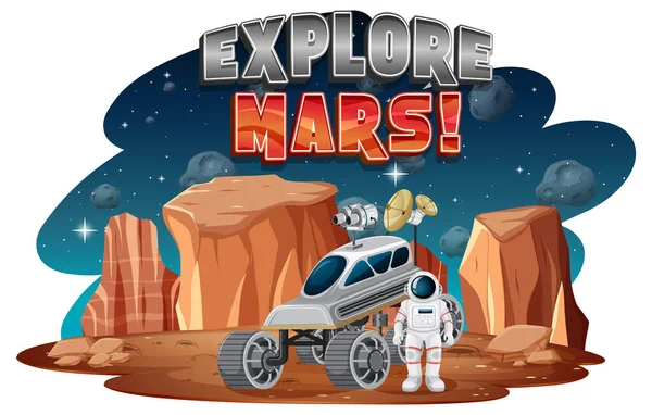 Explore Mars Word Logo Astronaut Planet Illustration — Stock Vector