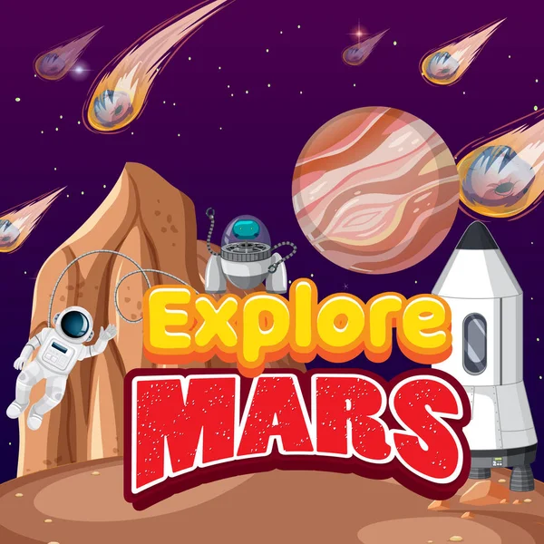 Verken Mars Met Astronaut Cartoon Poster Illustratie — Stockvector