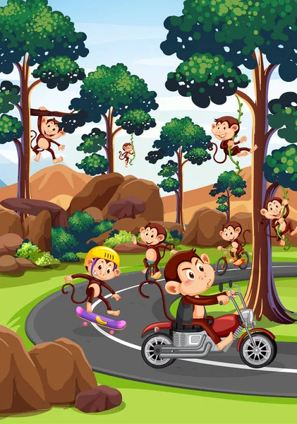 Park Scene Monkey Racing Riders Illustration — ストックベクタ