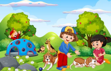 Köpekleriyle oynayan çocukların olduğu park sahnesi