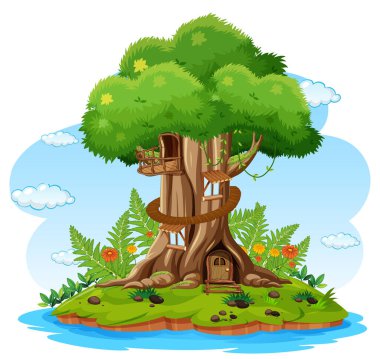 Beyaz arkaplandaki ağaç gövdesinin içindeki fantezi ağaç evi