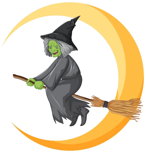 Old Witch Riding Broomstick Crescent Moon Illustration — Vetor de Stock