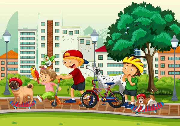 Scène Parc Avec Des Enfants Jouant Avec Leurs Animaux Illustration — Image vectorielle