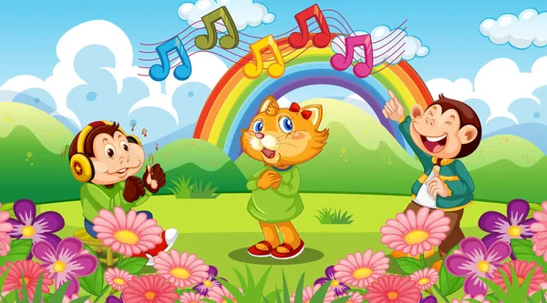 Χαριτωμένα Ζώα Παράσταση Τραγουδώντας Στο Πάρκο Εικονογράφηση — Διανυσματικό Αρχείο