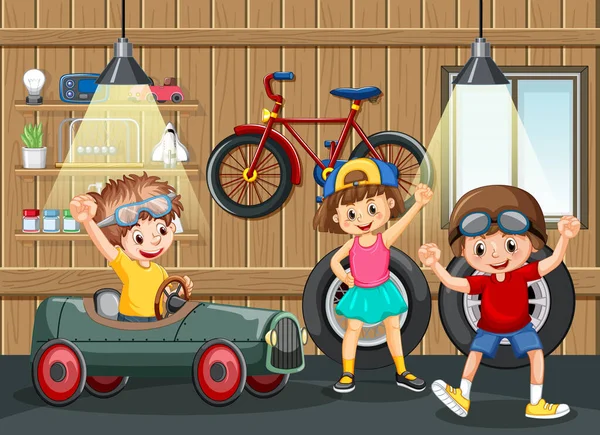 Escena Del Garaje Con Niños Arreglando Coche Ilustración Juntos — Archivo Imágenes Vectoriales