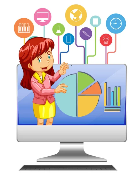 Počítačový Monitor Ilustrací Učitelky — Stockový vektor