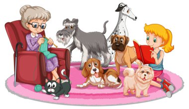 Büyükannem kedi ve köpekleriyle örgü örüyor.