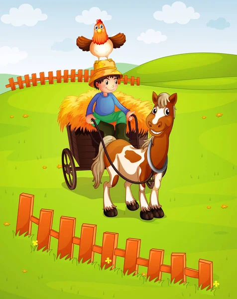 Niño Montando Carro Caballos Con Pollo Prado Ilustración — Vector de stock