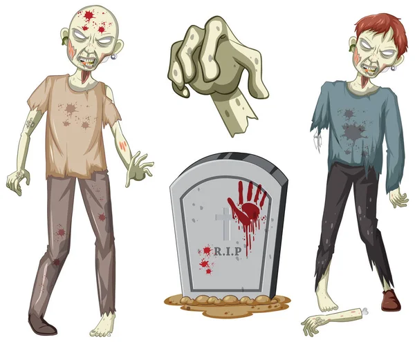 Gruselige Zombie Figur Und Grabstein Auf Weißem Hintergrund — Stockvektor