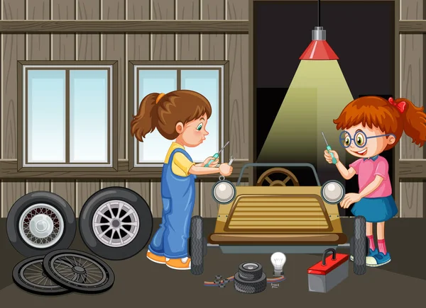 Enfants Réparant Une Voiture Ensemble Dans Garage Illustration — Image vectorielle