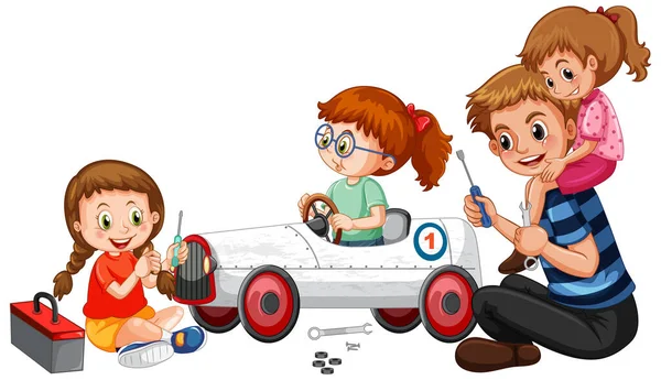Dzieci Naprawiające Samochód Razem Ilustracja — Wektor stockowy