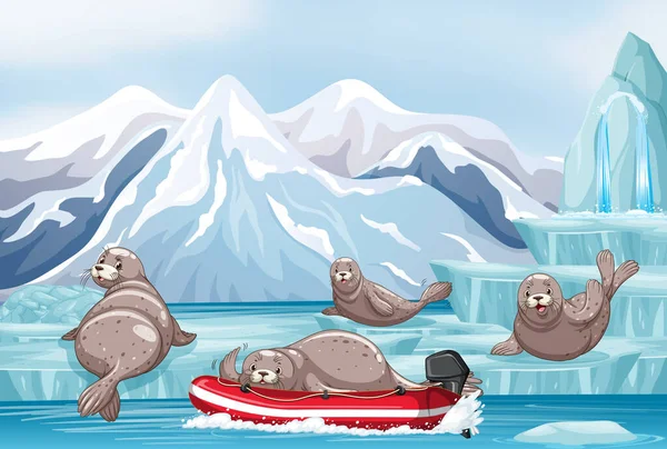 Antarctica Landscape Seal Inflatable Boat Illustration — стоковый вектор