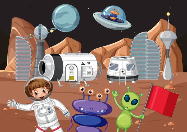Astronaut Aliens Planet Illustration — Stock Vector