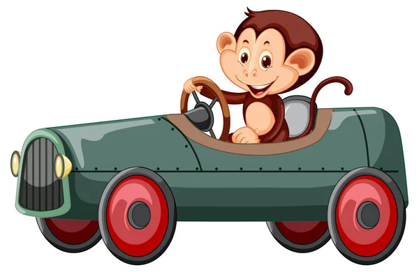 Cute Monkey Driving Race Car White Background Illustration —  Vetores de Stock