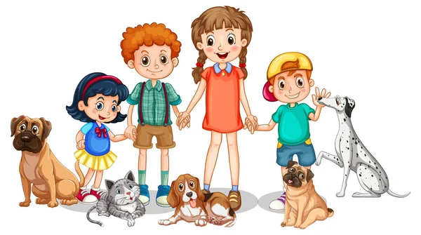 Bambini Con Loro Cani Gatti Sfondo Bianco Illustrazione — Vettoriale Stock