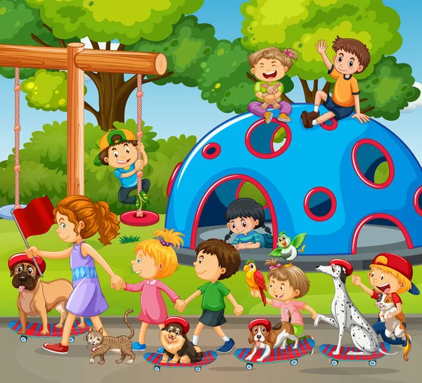 Escena Del Parque Infantil Con Niños Jugando Con Perros Ilustración — Vector de stock