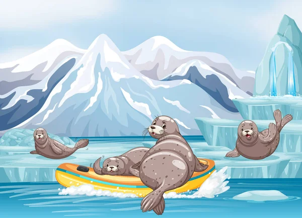 Paisaje Antártico Con Sello Barco Inflable Ilustración — Vector de stock