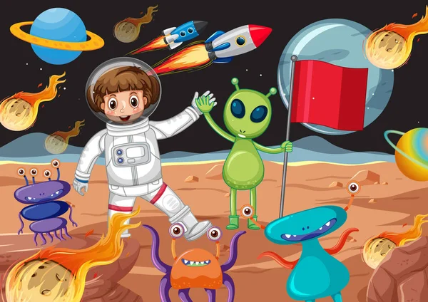 Astronauta Alienígenas Escena Del Planeta Ilustración — Archivo Imágenes Vectoriales
